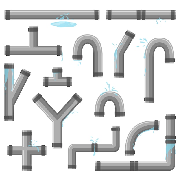 Tuyau avec fuite d'eau. Tuyaux cassés avec fuite, rupture de pipeline en plastique. Collecte du tube d'eau, fuite, canalisation en plastique, soupape qui fuit, égouttement. Technologie industrielle.
