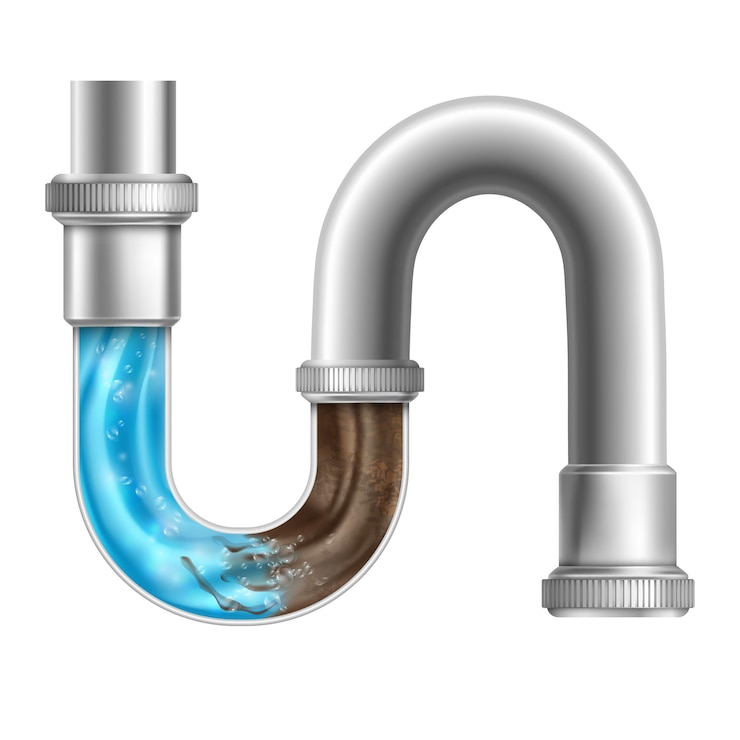 Vecteur tuyau de vidange réaliste colmatage des tuyaux 3d de plomberie sous l'évier ou le nettoyant liquide d'égouts pour déboucher les drains de toilettes nettoyer le bloc d'eau dans l'illustration vectorielle rangée de drainage de la saleté