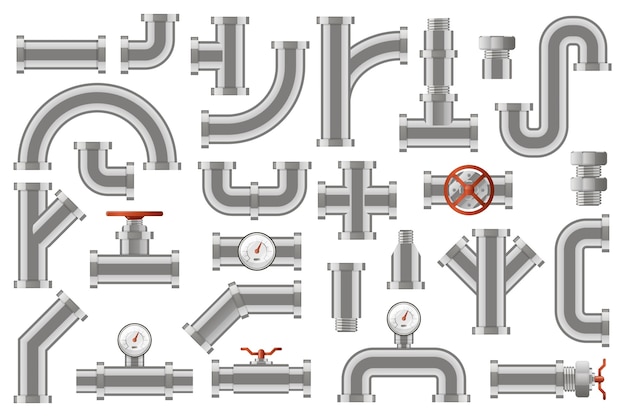 Tuyaux d'eau. Construction de pipelines métalliques, tubes de tubes métalliques industriels avec compteurs, vannes, jeu d'icônes de boutons rotatifs. Tube métallique et drainage, illustration de construction croisée