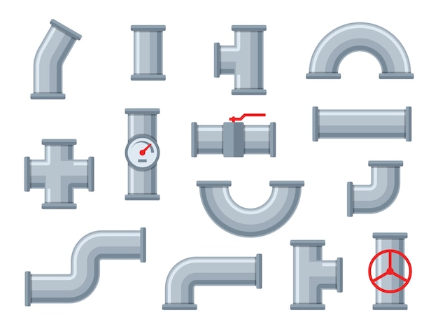 Ensemble De Tuyaux De Plomberie. Tubes En Métal Gris Avec Vannes, Pipelines  Industriels, Drains D'eau Isolés. Illustrations Vectorielles Plat Pour  L'ingénierie, Concept De Système De Connexion