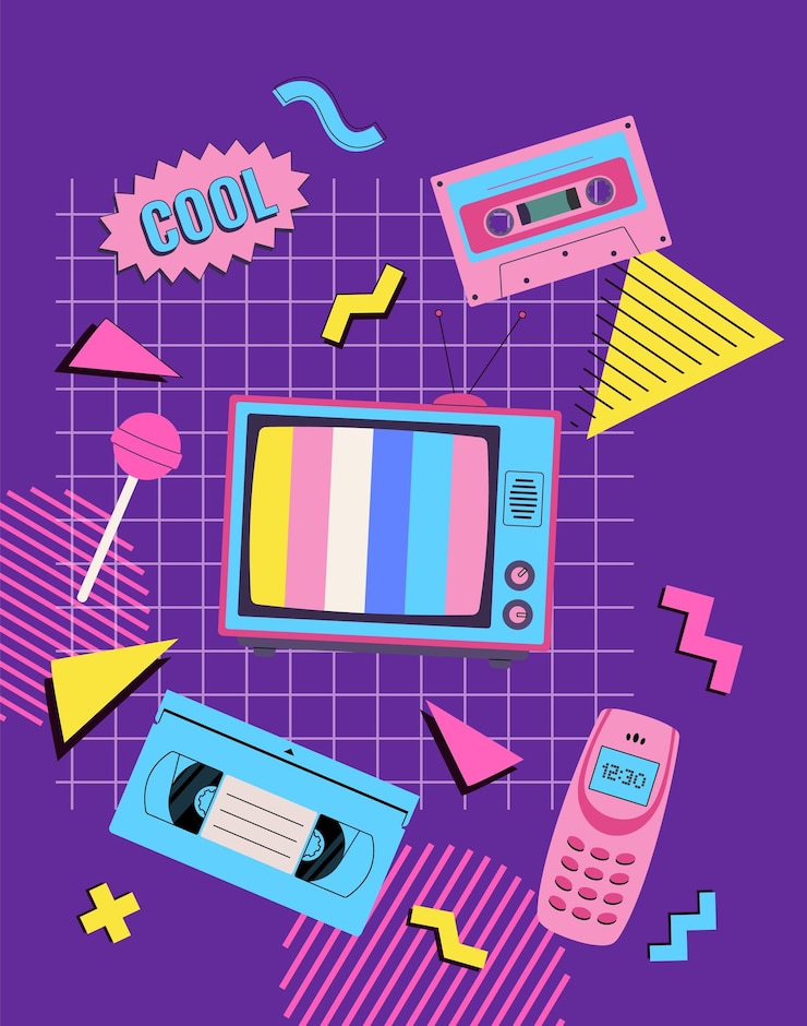 Vecteur tv esthétique affiche des années 90 télévision de style rétro et téléphone cassette vintage fond vectoriel