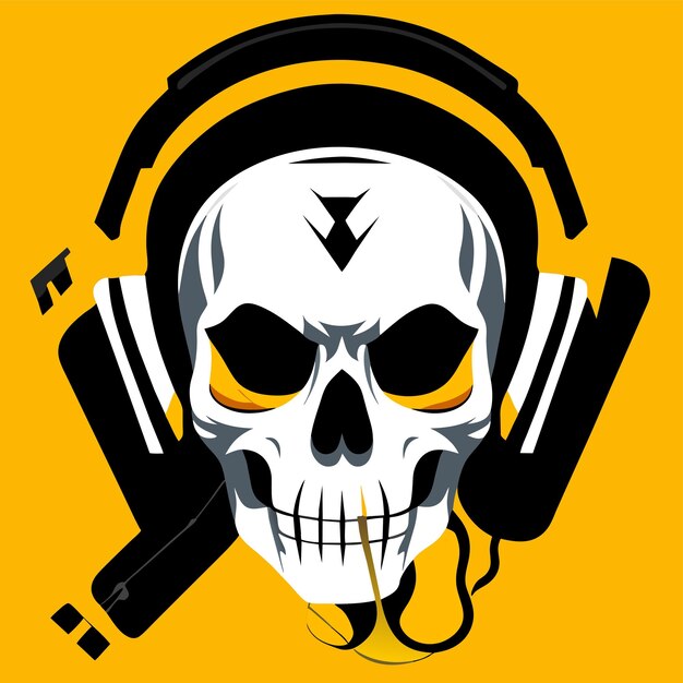 Vecteur twitch skull sport écouteur de jeu dessiné à la main plat stylé autocollant de dessin animé concept d'icône isolé