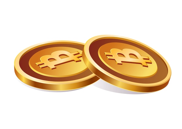 Two flat gold bitcoin coins side by side on white background with simple cryptocurrency symbol