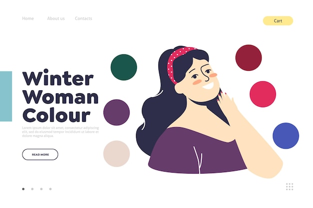 Type De Couleur Femme Hiver. Modèle De Page De Destination Pour Les Conseils D'analyse Des Types De Couleurs Saisonnières Avec La Palette Des Meilleures Couleurs Pour Le Visage Féminin. Illustration Vectorielle Plane