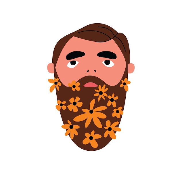 Vecteur type de dessin animé avec une barbe et des fleurs orange hipster barbu avec des plantes en fleurs fleurs de printemps illustration vectorielle dessinée à la main sur un fond blanc isolé conception graphique mignonne