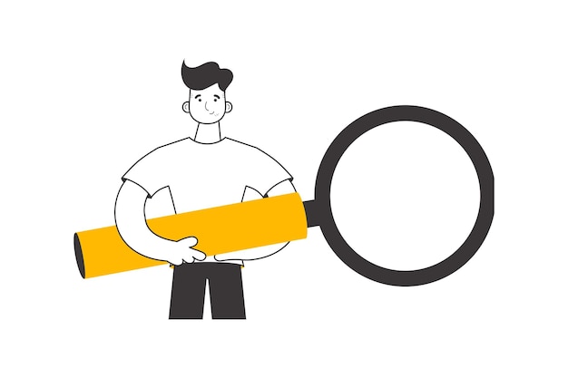 Le type tient une loupe dans ses mains style linéaire à la mode illustration vectorielle isolée