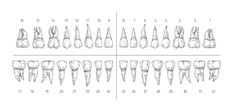 Vecteur types de dents croquis dents avec système de numéros de dents de dentiste racines et ensemble d'illustrations vectorielles prémolaires molaire canine et incisive dessinées à la main