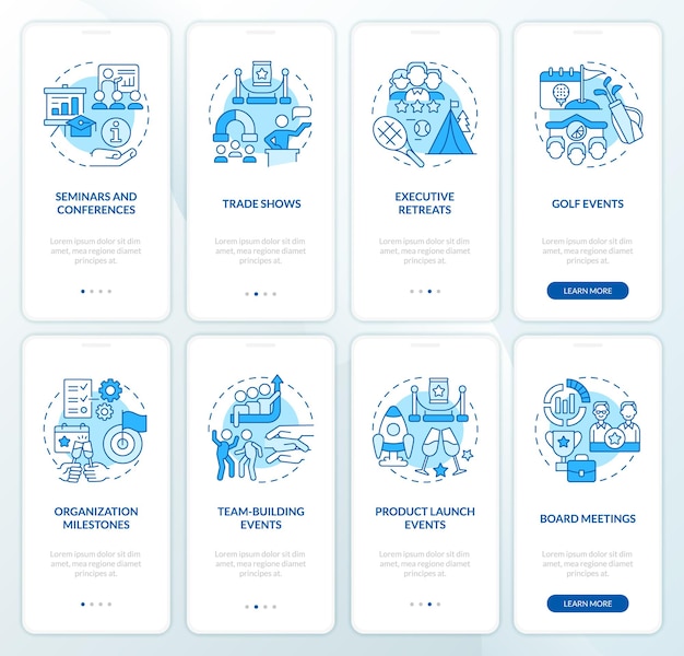 Types d'écrans d'application mobile d'intégration bleue d'événements d'entreprise