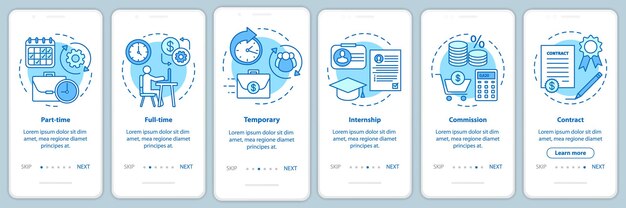 Types D'emplois, écran Bleu De La Page D'application Mobile D'intégration Avec Des Concepts Linéaires. Instructions Graphiques Des étapes De La Procédure De Stage à Temps Partiel, Temporaire Et De Stage. Modèle Vectoriel Ux, Ui, Gui Avec Illustrations