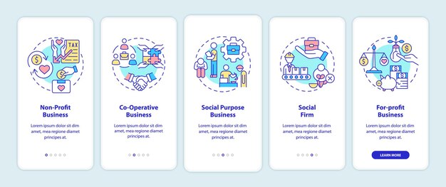Types d'entrepreneuriat social intégrant l'écran de la page de l'application mobile