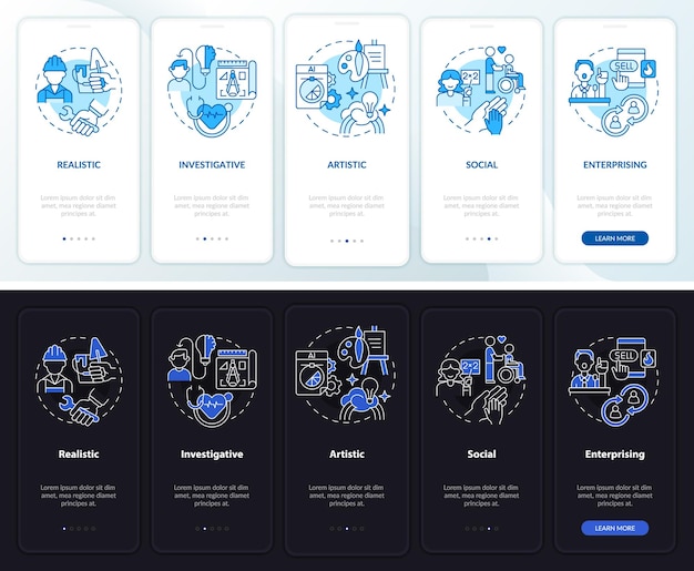 Types d'environnement de travail écran d'application mobile d'intégration en mode nuit et jour