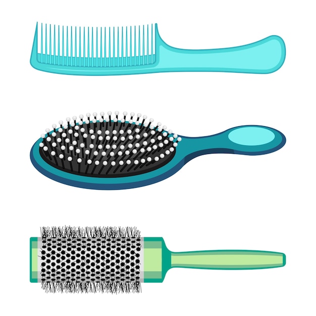 Vecteur types de peignes à cheveux et brosses de coiffure vector illustration isolé sur blanc. appareils dentés utilisés pour le coiffage, le nettoyage et la gestion des cheveux