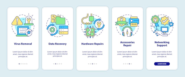 Types de réparations lors de l'intégration de l'écran de l'application mobile. Présentation du logiciel et du matériel Pages d'instructions graphiques en 5 étapes avec des concepts linéaires. Modèle d'interface utilisateur, d'expérience utilisateur et d'interface graphique. Myriad Pro-Bold, Polices régulières utilisées