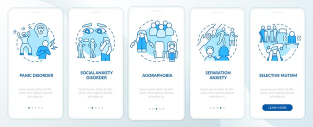 Types de troubles anxieux écran bleu de l'application mobile d'intégration