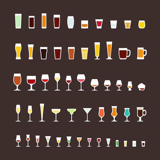 Types De Verre Plat Icons Set, Illustration Vectorielle.