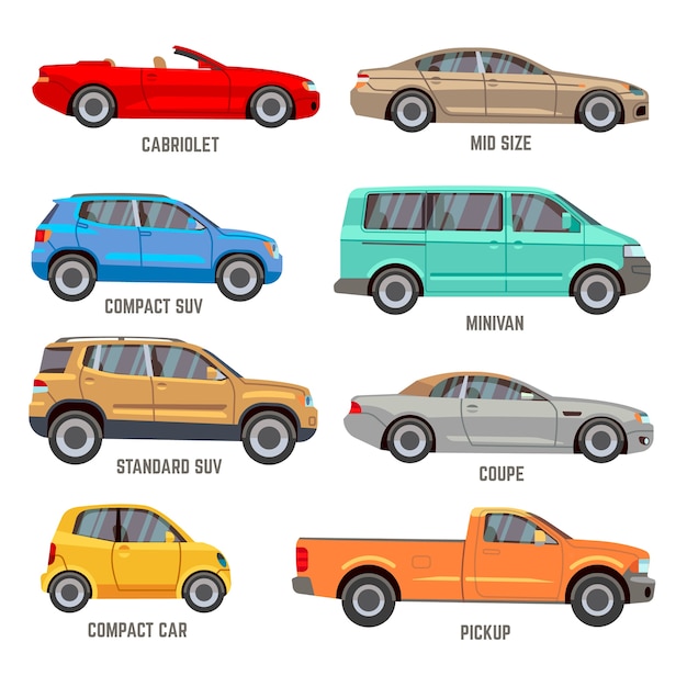 Vecteur types de voitures vector icônes plates