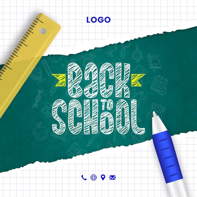 typographie à la craie de retour à l'école et icônes dessinées à la main avec modèle de stylo et de règle
