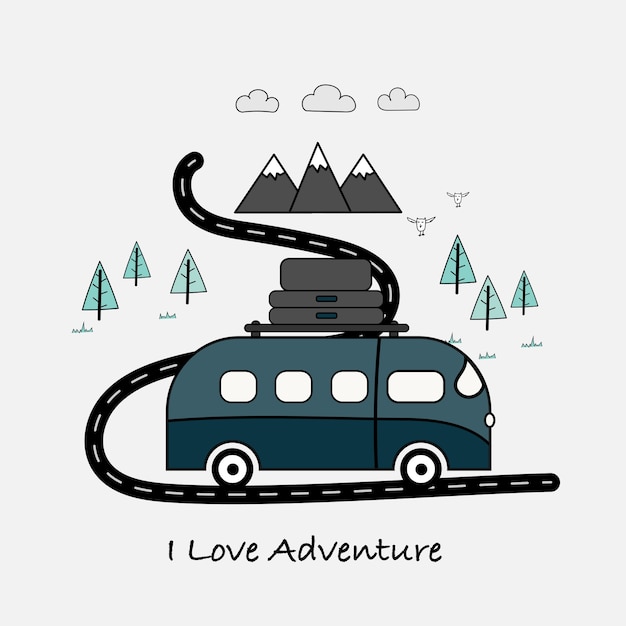 Vecteur typographie i love adventure avec fourgonnette