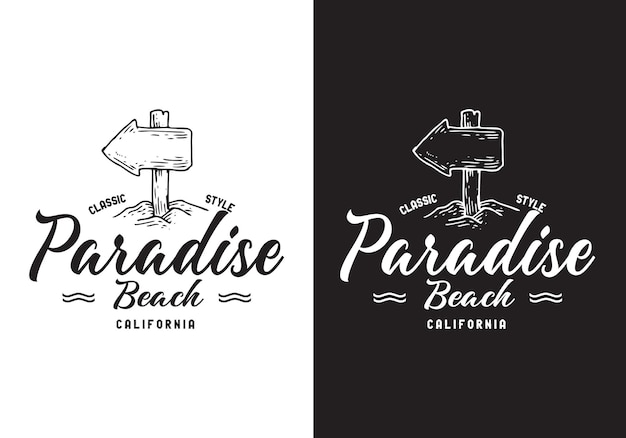 Vecteur typographie logo paradise beach vector illustration template avec un design élégant de couleur noir blanc bon pour toute industrie