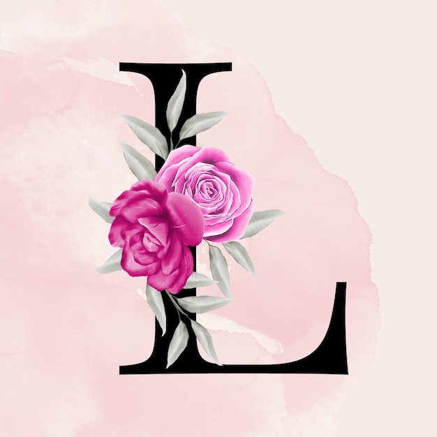 Typographie romantique de police lettre l noire avec fond floral aquarelle rose