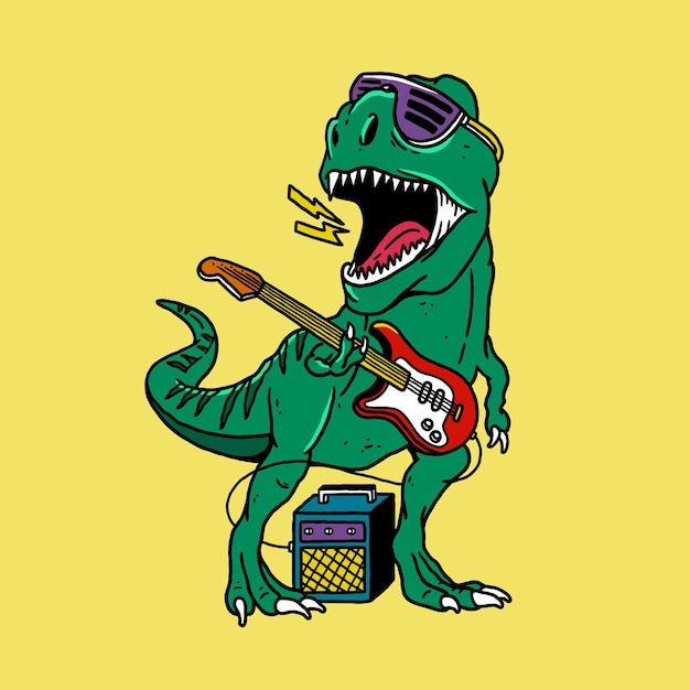 Tyrannosaure Cool Jouant De La Guitare Avec Des Lunettes De Soleil Et Illustration Vectorielle D'amplificateur De Guitare