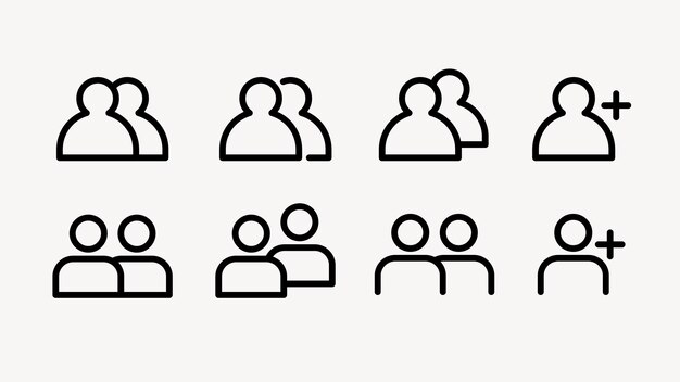 UI icon vectors Set of user icons in black outline Includes pairs and single user icons with plus sign Simple minimalist user icons for interface design User interface icons UI icon vector set
