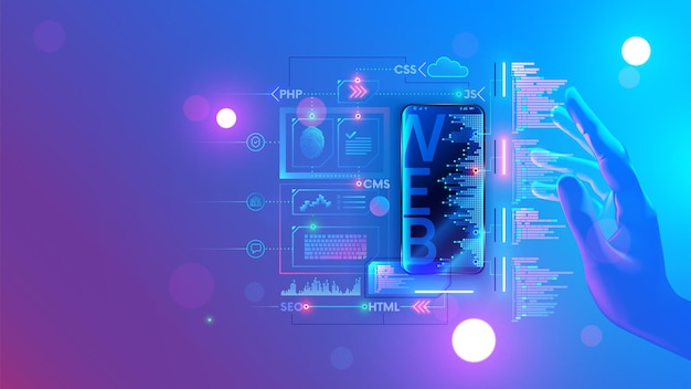 ui ux design for phone mobile app Conceptual illustration of web develop internet site Creating software of smartphone application Web design of mobile layout of website Digital technology