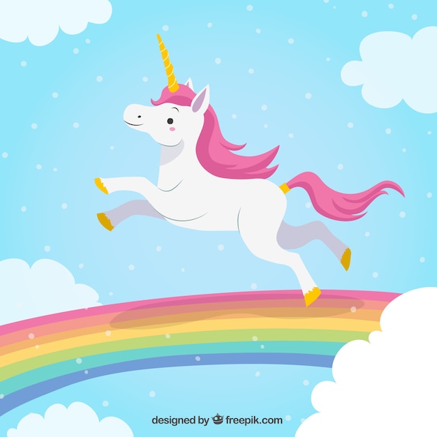 Vecteur unicorn fond saut dans l'arc en ciel