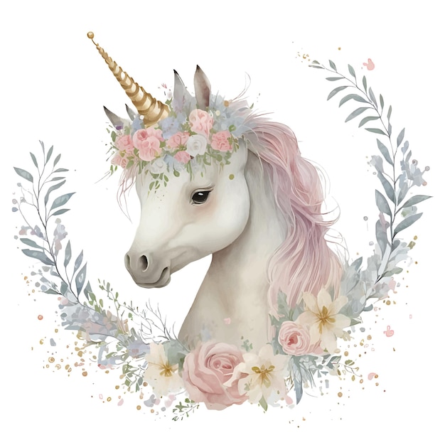 Vecteur unicorne à l'aquarelle avec une couronne de fleurs de couleur émoussée
