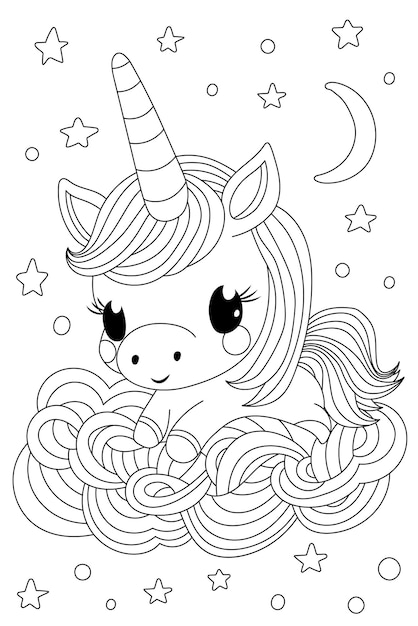 Unicorne dormant sur la lune est une page de livre à colorier pour enfants et étudiants