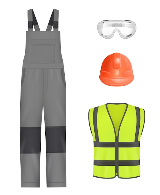 Vecteur uniforme de l'industrie constructeurs professionnels de vêtements de travail réalistes ou pantalons d'ingénieur chaussures de casque et veste avec lignes colorées de réflexion ensemble de modèles vectoriels décents