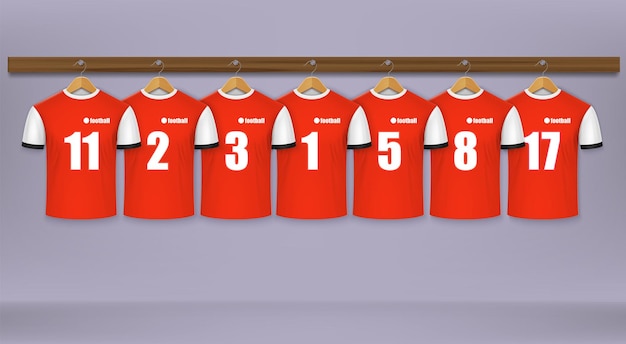 Vecteur uniforme de sport rouge et blanc de l'équipe de football avec des chiffres sur le cintre illustration vectorielle de composition réaliste