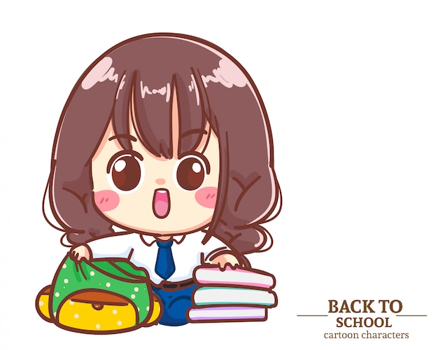 Les Uniformes D'étudiants De Cute Girl Enfants Mettent Des Livres Dans Leurs Sacs à L'école. Illustration De Dessin Animé Vecteur Premium