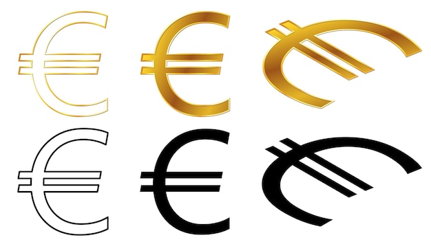 Vecteur union européenne, euro, monnaie, doré, signes, silhouette, et, contour, isométrique, dessus, et, vue frontale, isolé, blanc, fond, monnaie, par, les, banque centrale européenne clipart