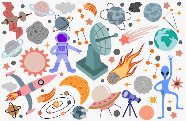 L'univers spatial a coloré des éléments isolés de l'ensemble d'icônes de l'espace extra-atmosphérique.