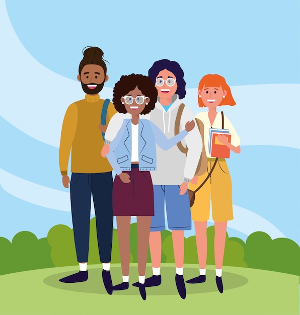 université femme et hommes amis avec sacs à dos