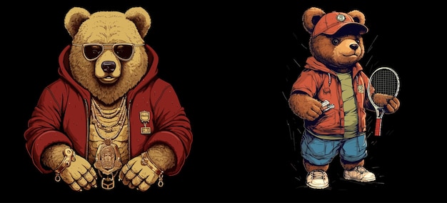 Urban Bears in Style Illustration vectorielle d'un ours en vêtements de rue hip-hop avec Bling et un autre en vêtements de sport décontractés tenant une raquette de tennis