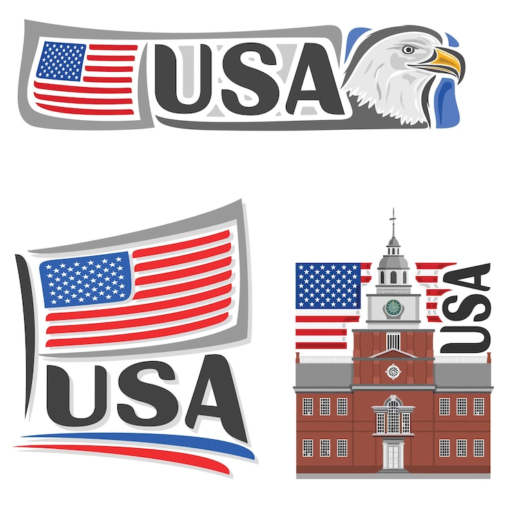 Vecteur usa drapeau voyage souvenir autocollant skyline landmark logo badge timbre sceau emblème eps