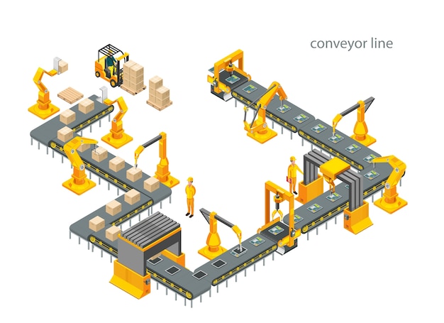 Usine Automatique Avec Ligne De Convoyeur Et Bras Robotisés. Processus D'assemblage. Illustration