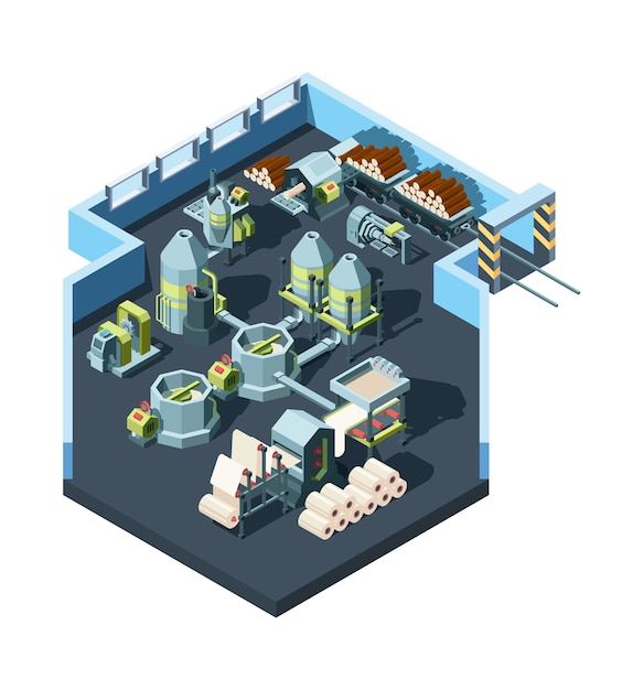 Usine de production de papier. Intérieur industriel avec des machines pour fabriquer du papier à partir du concept de l'industrie de la presse à bois isométrique. Usine d'illustration, production de machines industrielles