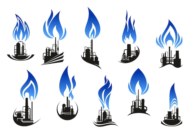 Vecteur usines chimiques industrielles avec des flammes bleues