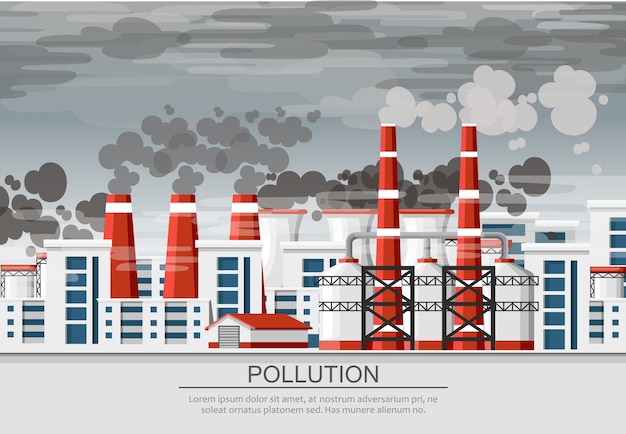 Vecteur usines avec conduits de fumée. problème de pollution de l'environnement. usine de terre polluent avec du gaz carbonique. illustration. illustration avec fond de ciel sale gris.