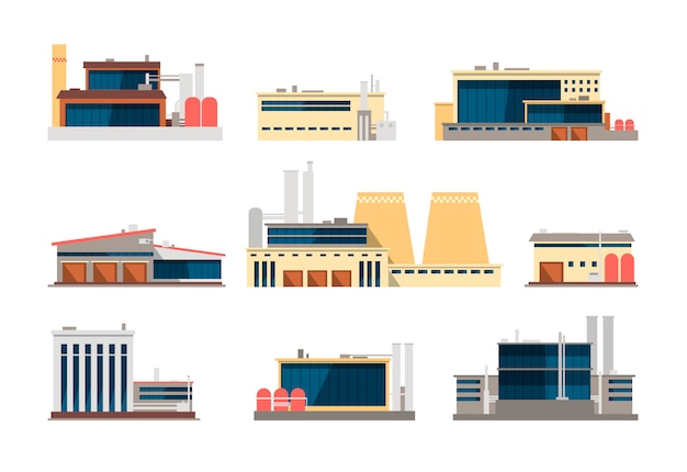 Usines industrielles, centrales et entrepôts. Icônes plats de construction industrielle vector