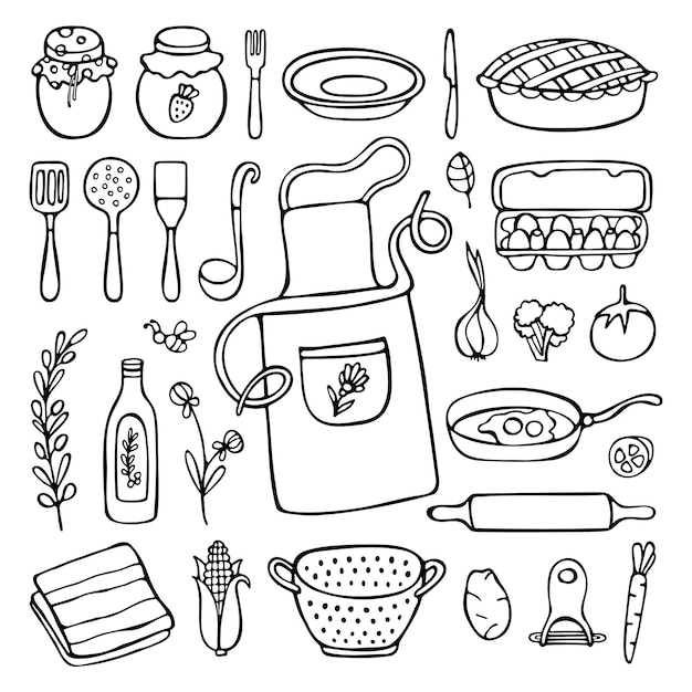 Ustensile Isolé Dans L'ensemble De Doodle De Cuisine Fond Blanc