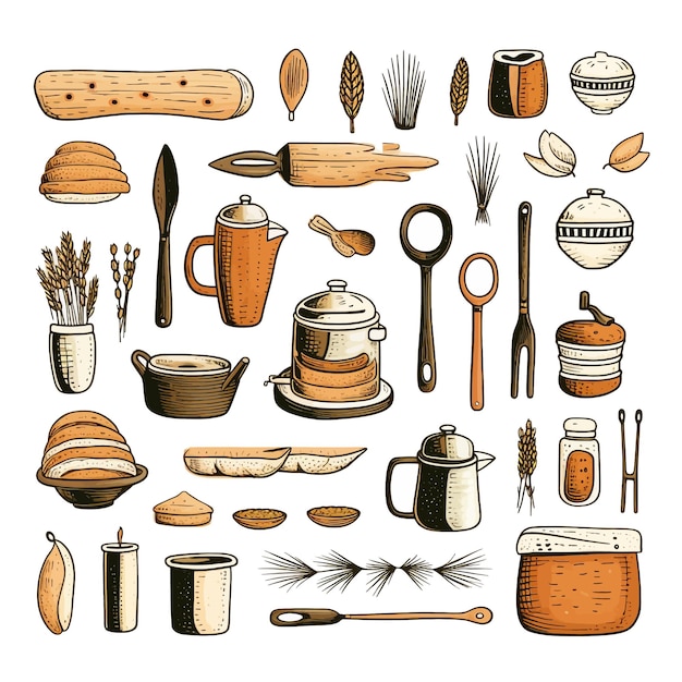 Vecteur des ustensiles de cuisine dessinés à la main clipart pour boulangerie dessin animé illustration vectorielle clipart fond blanc