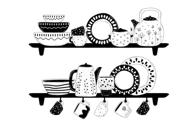 Vecteur ustensiles de cuisine faits à la main pour le studio de céramique de conception de décoration vaisselle illustration vectorielle dessinée à la main
