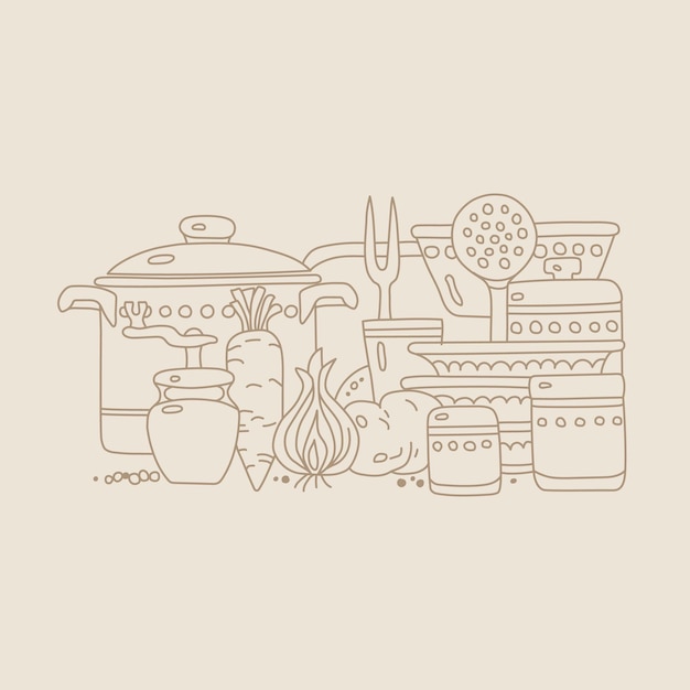 Ustensiles de cuisine et légumes pour la cuisson de la soupe en illustration vectorielle de style dessiné à la main