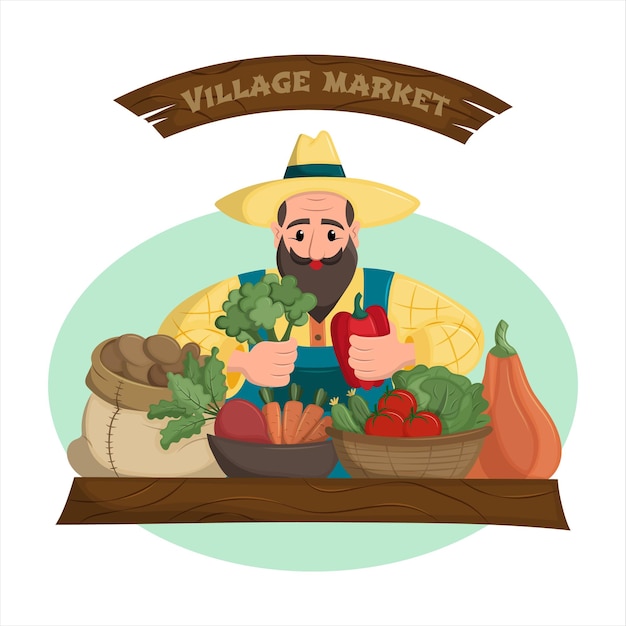 Сute Fermier Vendant Ses Produits Au Marché Local Rural. Concept De Vente De Rue Et De Petits Marchés. Logo Du Vendeur De Légumes. Illustration Vectorielle Plate.