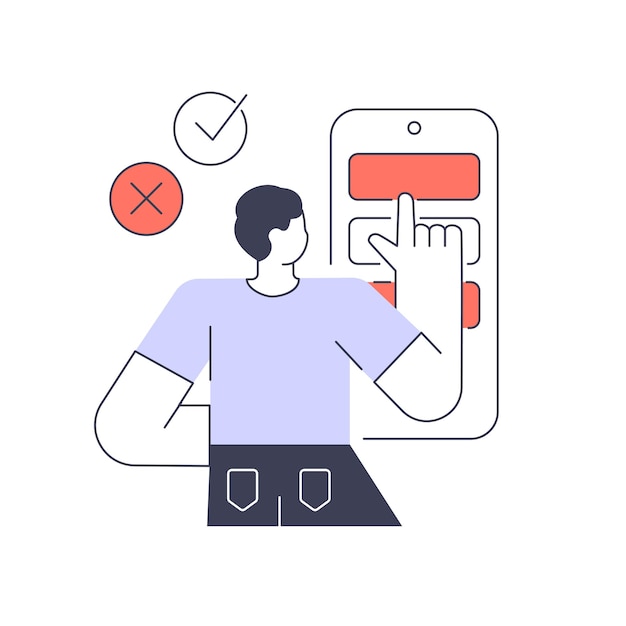 Utilisateur de l'homme choisissant de rejeter accepter l'interface de l'application smartphone en cliquant sur le bouton vecteur plat