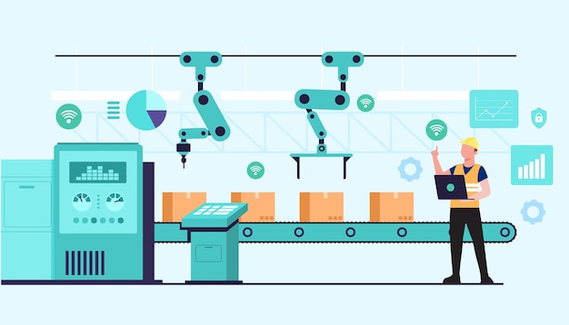 Vecteur utilisation des jeunes travailleurs via wi-fi à partir de lignes de convoyeur de commande d'ordinateur portable d'usine automatique avec bras robotiques.